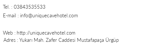 Unique Cave Hotel telefon numaralar, faks, e-mail, posta adresi ve iletiim bilgileri